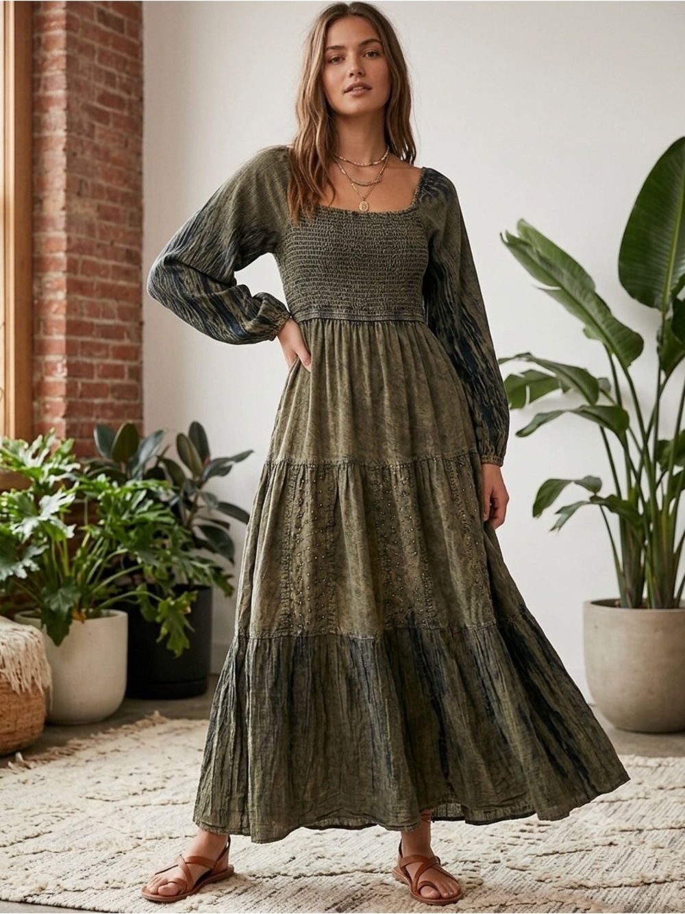 Young Threads Olive Boho Smocked Maxi Dress NWT Size M